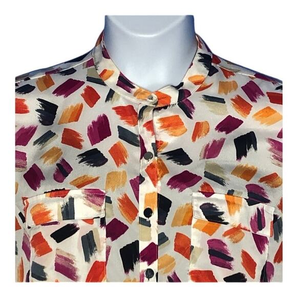 Anne Klein Novelty Print Mandarin Neck Blouse Medium Silver Buttons - Picture 5 of 14